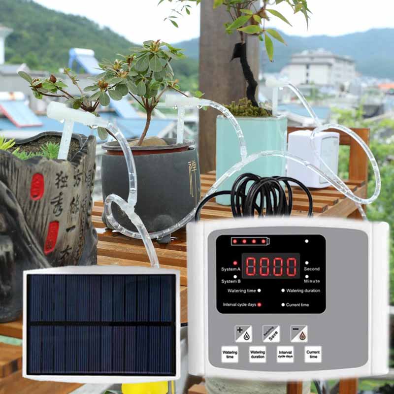 Smart Garden Tools - อุปกรณ์รดน้ำหยดพลังงานแสงอาทิตย์อัตโนมัติ ปั๊มคู่ วาล์วปรับได้ ระบบตั้งเวลาควบคุมอัจฉริยะ สำหรับรดน้ำสวน