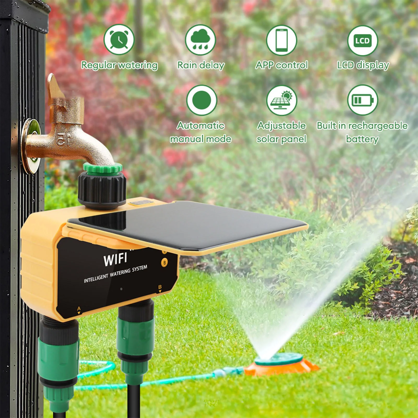 Wifi Irrigation Timer - ตัวตั้งเวลาควบคุมการรดน้ำอัจฉริยะแบบโซลาร์ไวไฟ พร้อมฟังก์ชั่นตรวจจับฝน ควบคุมผ่านแอพพลิเคชั่น 2 ช่องจ่ายน้ำ สำหรับสวนและสนามหญ้า